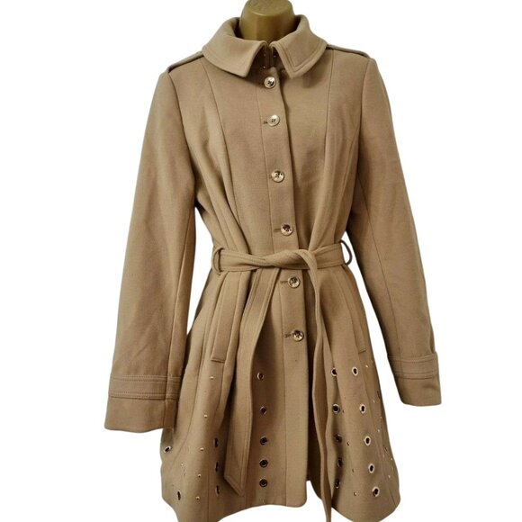 WHITE HOUSE BLACK MARKET Camel Grommet Coat Womens Sz L Gold Eyelet Coat - Picture 1 of 8